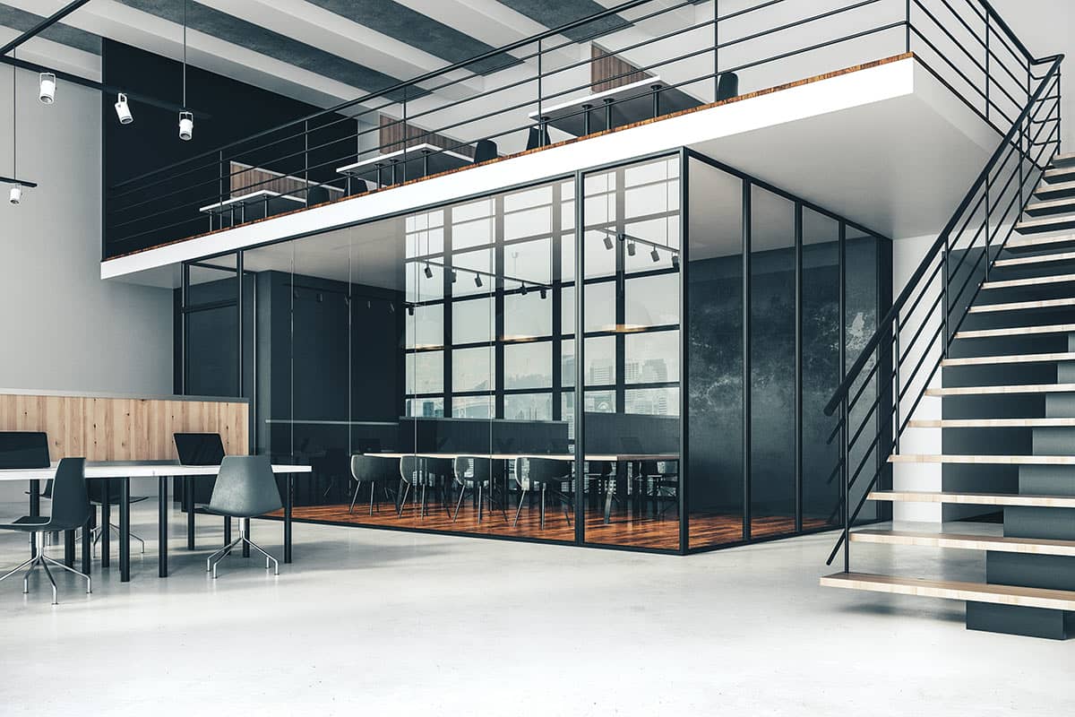 Separation conference room by glass wall single glazed floor to ceiling