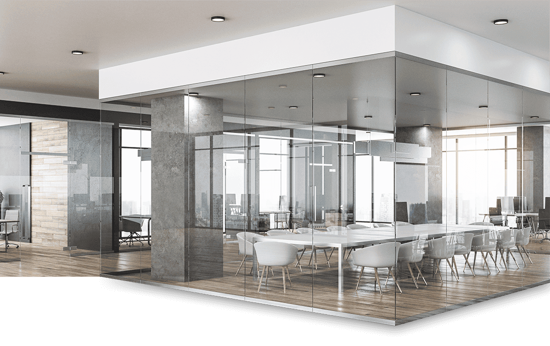 Separation of the conference room by a glass wall, single glazing, aluminum profiles