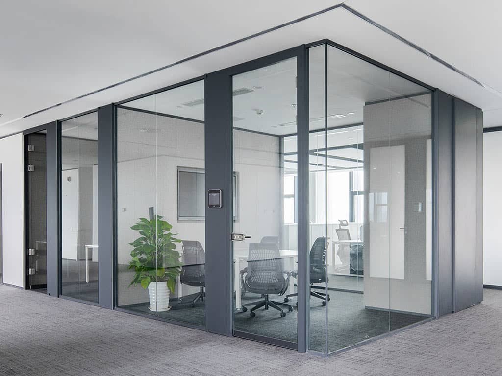 Glass wall office with steel element