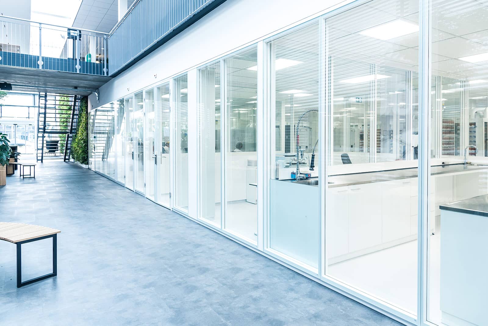 Glass wall steel hallway view