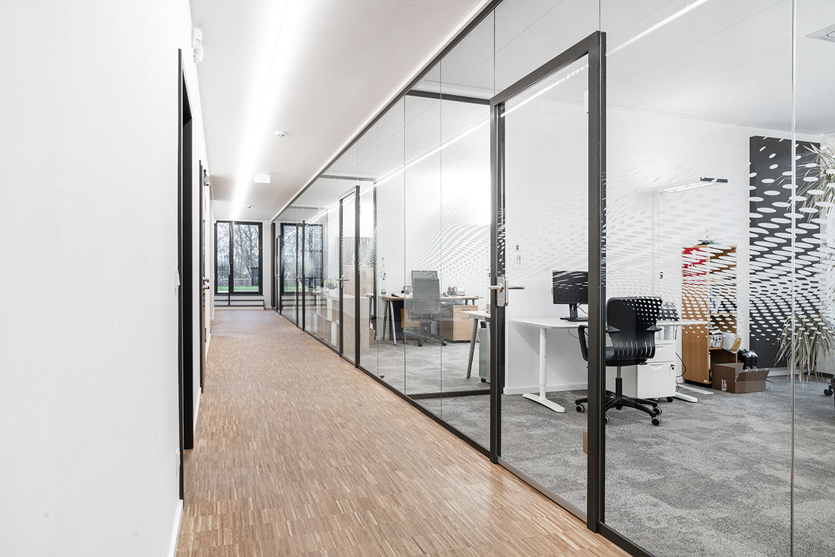 Vista glass wall in the office with a skylight door